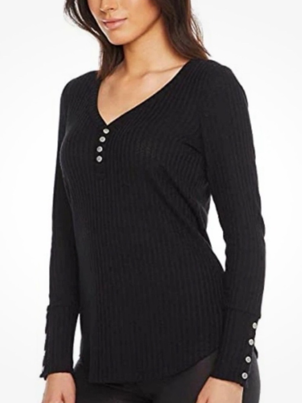 Chasor Black Ribbed Long Sleeve Henley Top Size Large